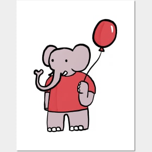 Elephant wearing red shirt and holding red balloon Posters and Art